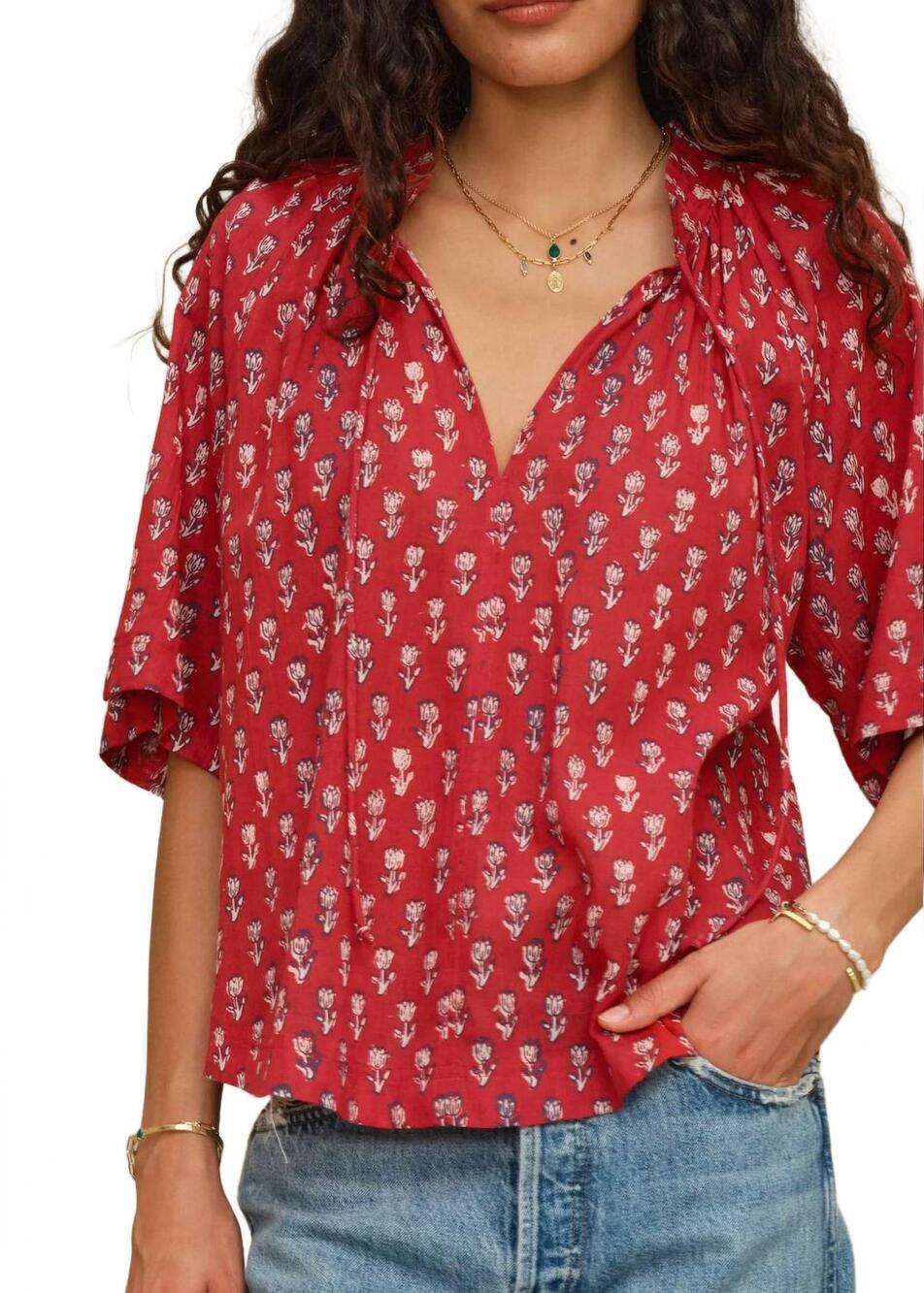 NEW M.A.B.E. ari print gathered top in red